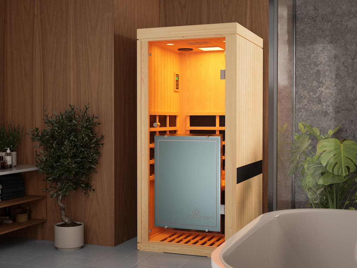 Sun Stream Evolve 10 Full Surround Sauna NZ Sun Stream Evolve 10 one person infrared sauna showing full surround heating panels in NZ home
