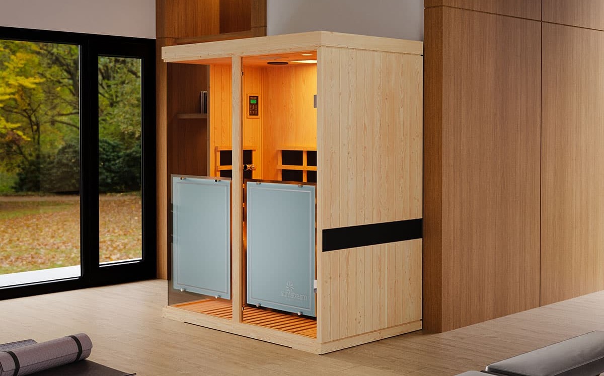 Sun Stream Evolve 30 3-Person Infrared Sauna – Side Angle Sun Stream Evolve 30 three person infrared sauna side angle view highlighting modern design and craftsmanship